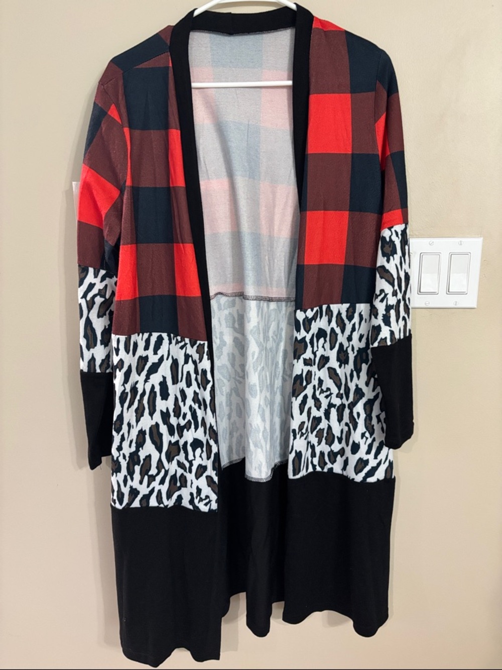 Open-Front Red Plaid & Leopard Print Long Cardigan Sweater boutique